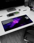 Starry space cloud scene mouse pad 32x16 inches with a bright violet center like sunrise.