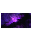 Violet nebula galaxy desk mouse pad 32x16 inches with star-speckled black edges.