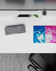 Neon blue and hot pink anime girl mouse pad 14x10 inches, high-energy vibe with sweat drop and smirk.