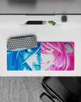 28x12 inches anime girl mouse pad in electric blue and hot pink, loud neon drama with an edgy vibe.