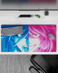 32x16 inches neon anime girl mouse pad in electric blue and hot pink, bold, fast, and loud desk vibe.
