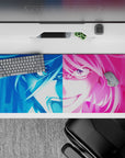 Neon blue and hot pink anime girl desk pad 36x16 inches, electric vibe with sweat-drop tension.