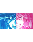 Anime girl desk pad 36x16 inches with split-face design, glossy hair strands, mischievous grin.
