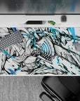 Chainsaw Man desk pad 40x20 inches featuring Denji in full form, electric blues against black-and-white chaos.