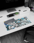 Anime mouse pad 28x12 inches featuring Denji from Chainsaw Man in dynamic, intense black-and-white with electric blues.