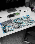 Chainsaw Man desk pad 36x16 inches featuring Denji in full form, vibrant electric blues contrasting intense black-and-white art.