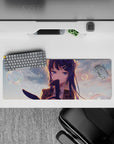 Anime girl mouse pad 32x12 inches in warm peach sunset glow with bubbles, dreamy bokeh, and sparkles.