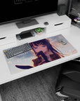 Long blue-haired anime schoolgirl under soft sunset bokeh bubbles on a 32x16 inches mouse pad.