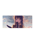 Anime girl mouse pad 28x12 inches with blue-haired schoolgirl, bubble bokeh background, glossy violet eyes.