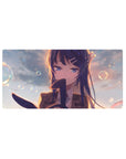 Anime girl mouse pad 32x16 inches with long blue hair, school blazer, glossy violet eyes, bokeh bubbles.