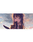 Anime girl desk pad 36x16 inches with long blue hair, violet eyes, school blazer, bubbles and bokeh.