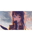 40x20 inches anime girl desk pad with long blue hair, violet eyes, school blazer, bubbles and bokeh.