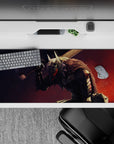 36x16 inches desk pad showcasing Guts in his Berserker Armor, with glowing eyes and dynamic brush strokes, perfect for bringing the spirit of the Black Swordsman to your workspace.