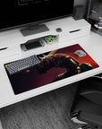 Modern 32x16 inches mouse pad featuring Guts in his Berserker Armor, with glowing eyes and dynamic brush strokes, perfect for adding fierce energy to your workspace.