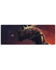Compact 32x12 inches mouse pad with Guts in his Berserker Armor, featuring a glowing eye and fierce brush strokes, perfect for transforming smaller desks with powerful intensity.