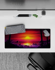 28x12 inches mouse pad with Sunset City Stroll, capturing a retro-futuristic world with palm trees and a vibrant sunset over the city.