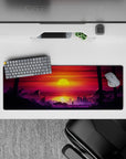 32x12 inches mouse pad with Sunset City Stroll, blending a retro sunset and dystopian cityscape with dark palm trees in a vibrant design.