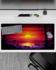 32x16 inches mouse pad with Sunset City Stroll, showcasing a retro-futuristic city and bold sunset, evoking vaporwave and dystopian aesthetics.