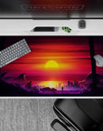 40x20 inches desk pad with Sunset City Stroll, capturing a retro-futuristic world with a sunset and palm trees against a dystopian city skyline.