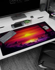 Large 40x20 inches desk pad featuring Sunset City Stroll, blending a vibrant sunset and futuristic cityscape with darkened palm trees.