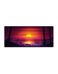 Mouse pad featuring Sunset City Stroll, 28x12 inches, with a bold sunset and futuristic cityscape framed by dark palm trees.