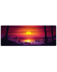 Compact 32x12 inches mouse pad with Sunset City Stroll, capturing a vivid sunset over a futuristic city and dark palm trees.