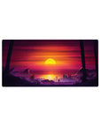 Mouse pad featuring Sunset City Stroll, 32x16 inches, with a bold sunset and darkened palm trees over a futuristic cityscape.