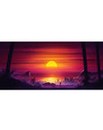 Desk pad featuring Sunset City Stroll, 36x16 inches, with a retro-futuristic cityscape and bold sunset, perfect for vaporwave fans.