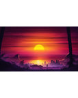 Desk pad featuring Sunset City Stroll, 40x20 inches, with a bold sunset over a futuristic cityscape and darkened palm trees.