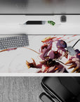 36x16 inches anime desk pad in warm gold and soft white tones, fierce sunrise speed vibe.
