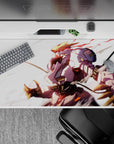40x20 inches anime desk pad in warm gold and soft whites, red streaks, fast sunrise energy.
