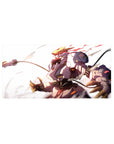 32x16 inches anime mouse pad with Astraea in a dynamic dash, gold armor, white backdrop, motion ribbons.