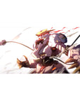 40x20 inches anime desk pad with Astraea charging forward in gold armor, motion ribbons, sparks.