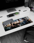 Cat-eared anime girl lounging on sofa with wandering cat, mouse pad 32x12 inches, loft windows backdrop.