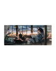 Anime girl mouse pad 28x12 inches with cat-eared navy-haired girl, pink headphones, loft window backdrop.
