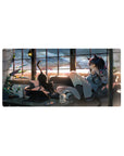 Anime girl mouse pad 32x16 inches with cat-eared navy-haired gamer in loft sunset, pink headphones.