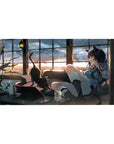 Anime girl desk pad 40x20 inches with cat-ear heroine, pink headphones, loft window sunset scene.