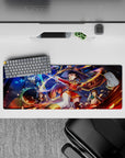 Megumin from Konosuba anime mouse pad, 32x12 inches, mid-explosion, vibrant colors of fire and starlight, chaotic scene.