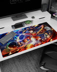 Megumin from Konosuba unleashing magic on a 40x20 inches anime mouse pad, with fiery colors and chaotic scene.
