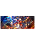 Megumin from Konosuba in mid-explosion on a vibrant 32x12 inch anime mouse pad, surrounded by blazing spells and wild monsters.