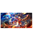 Megumin mid-explosion from Konosuba on a 32x16 inch anime mouse pad, with vibrant colors of fire and starlight.