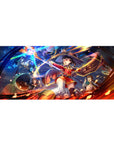 Megumin from Konosuba casts explosion amidst chaos on 36x16 inch anime mouse pad, with fiery colors and dynamic action.