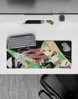 Neon emerald accents on black space background, anime girl mouse pad 28x12 inches with bold gold highlights.