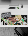 Anime girl mouse pad 32x12 inches in neon emerald and gold on deep black, bold futuristic fantasy vibe.
