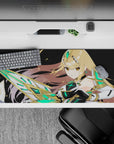 36x16 inches desk pad in black with golden hair and neon green glow, bold cosmic anime vibe.