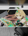 40x20 inches anime desk pad in black space tones with neon emerald glow and gold highlights, bold sci-fi vibe.