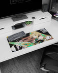 Smirking anime warrior in white-black armor with jeweled headpiece and crystal blade on 28x12 inches mouse pad.