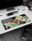 Anime girl mouse pad 32x16 inches featuring smirking armored heroine with jeweled headpiece and crystal blade.