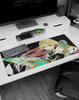 36x16 inches anime desk pad showing smirking warrior in white-black armor with crystal blade and headpiece.