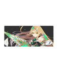 Anime girl mouse pad 28x12 inches with armored warrior on starry black backdrop, gold hair and sci-fi blade.